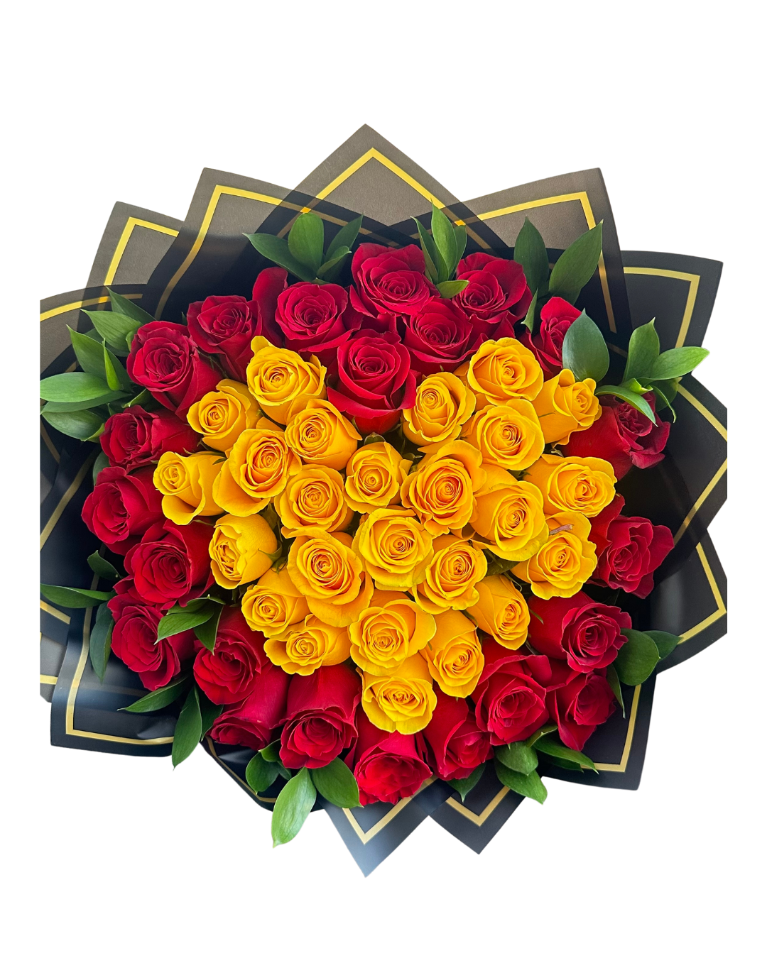 75 RED ROSES & YELLOW HEART BOUQUET